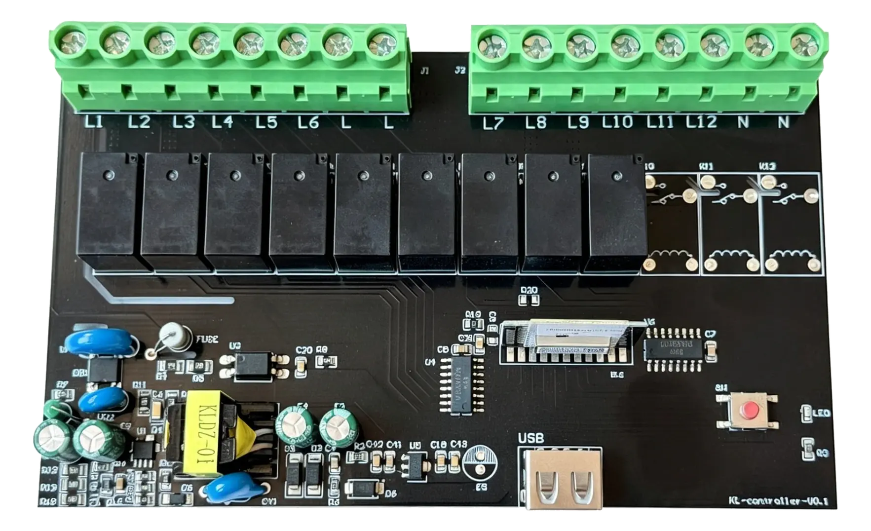 Bluetooth hotel room control board with relay outputs and multi-way terminals