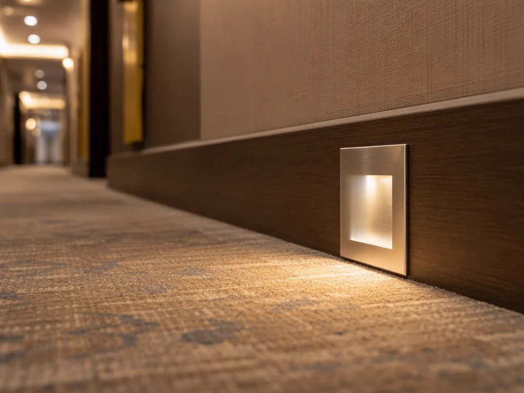 Hotel corridor with guestroom entrance panels
